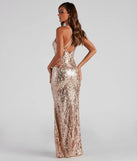 Step into Prom 2025 in a rose gold prom dress, where unique Windsor accents and the standout Liana Formal Sequin Scroll Mermaid Dress style come together.