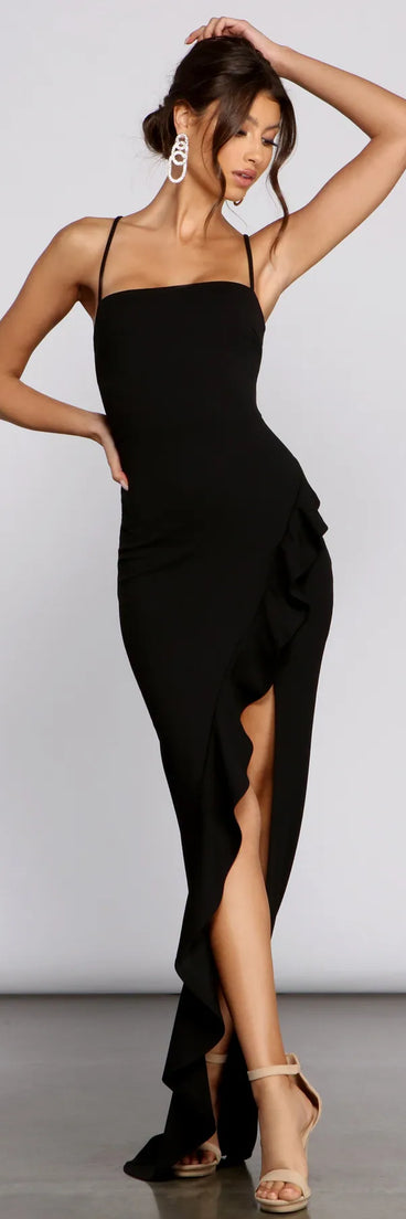 The Tiffany Sleeveless High Slit Formal Dress in luxe black fabric, a stunning prom dress with statement details designed to make a bold impression at Prom 2025.