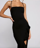 The Tiffany Sleeveless High Slit Formal Dress is a show-stopping black prom dress, offering a sleek, slimming silhouette that enhances your natural beauty for an unforgettable night.