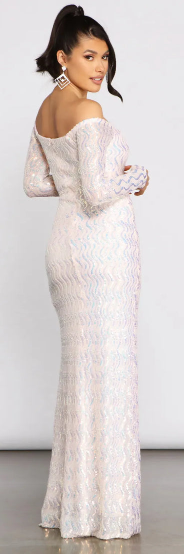 Gracie Formal Off The Shoulder Iridescent Sequin Dress