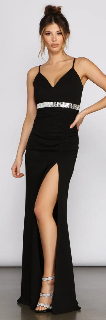 Bella Rhinestone Waist Crepe Formal Dress