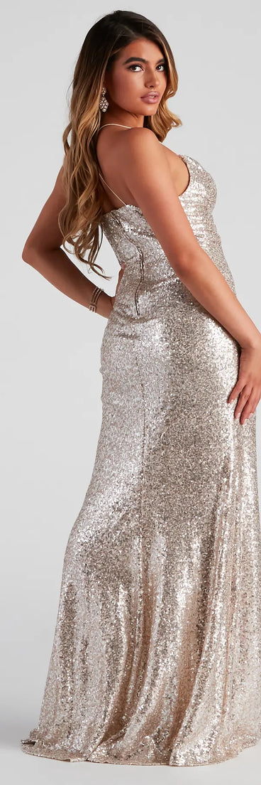 Turn heads with the Delilah Formal Sequin High Slit Dress, a gold New Year's Eve dress featuring a festive style and glamorous accents, ideal for any NYE celebration or cocktail party.