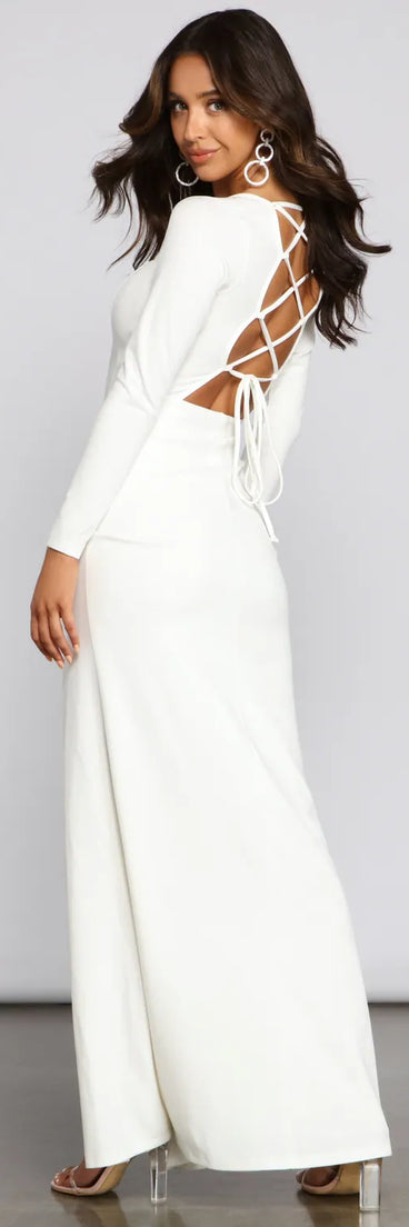 Kayla Long Sleeve Lace-Up Back Formal Dress