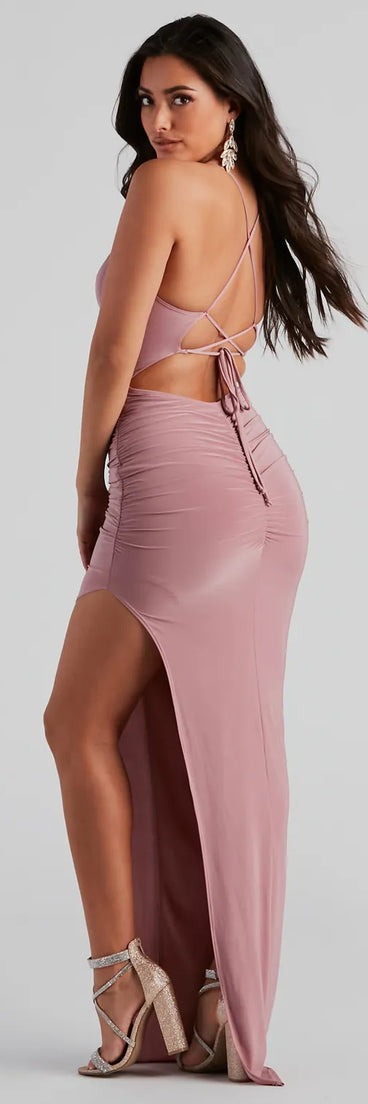 Heather Ruched High-Slit Formal Dress