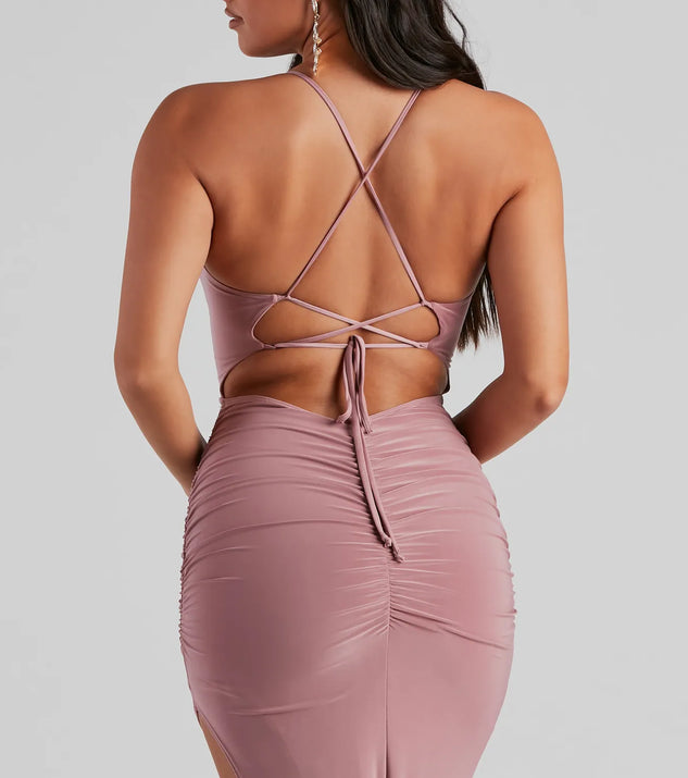 heather ruched high-slit formal dress Sky Blue Strapless Ruched Slit Dress – Ohmollydress main image 1