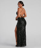 Celebrate in style with the Azalea Formal High Slit Sequin Dress, a black formal wedding guest dress featuring an elegant silhouette and luxe details, perfect for a black-tie celebration.