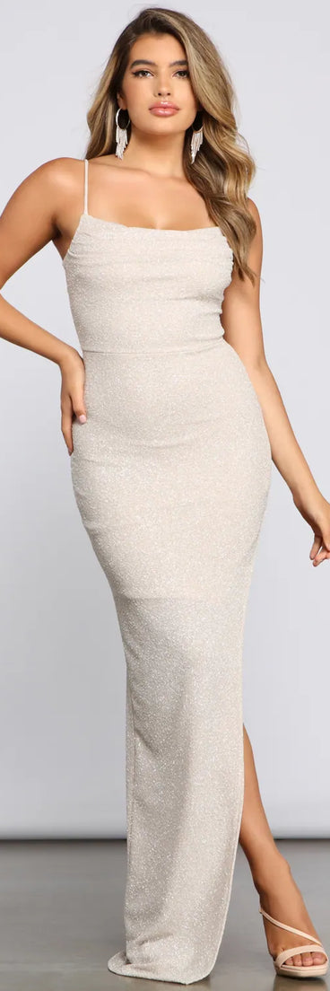Turn heads at HOCO 2025 in this ivory homecoming dress, where statement-making details meet the iconic style of the Lola Formal High Slit Glitzy Glitter Dress.