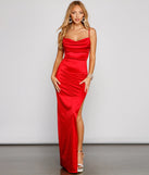 Turn heads at HOCO 2025 in this red homecoming dress, where statement-making details meet the iconic style of the Lola High Slit Satin Dress 2 .