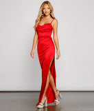 Make a bold statement in the Lola High Slit Satin Dress 2 in red, the perfect summer dress for weddings, cocktail hours, nights out, and/or seasonal celebrations.