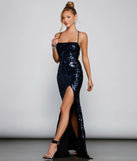 Own every entrance in the Rowena Sequin Mermaid Dress, a navy blue party dress perfect for milestone birthdays and grad parties, or dancing through summer nights and unforgettable bachelorette celebrations.