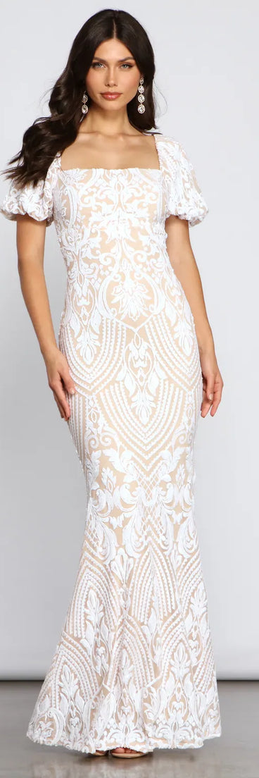 Quinn Sequin Scroll Puff Sleeve Dress