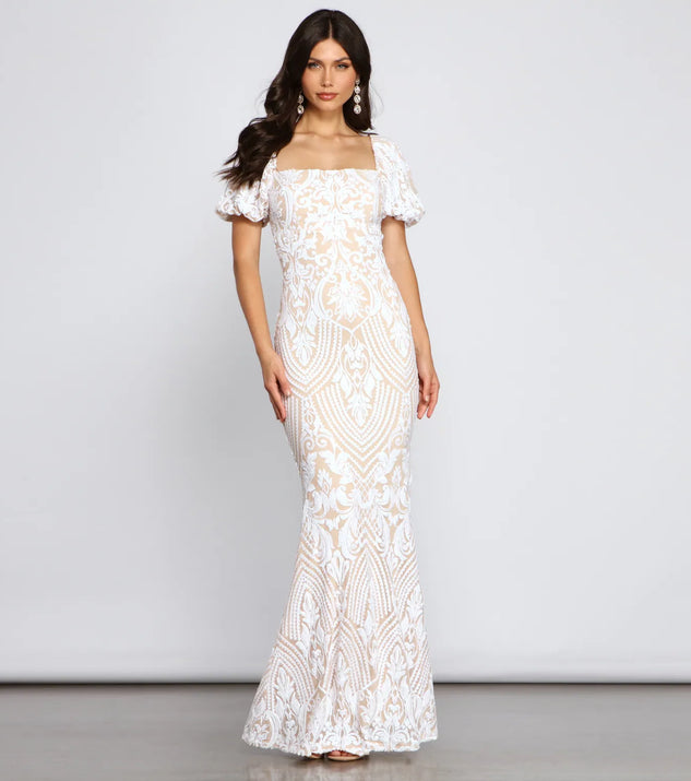 Quinn Sequin Scroll Puff Sleeve Dress