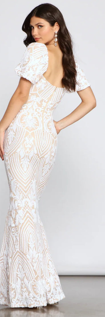 Quinn Sequin Scroll Puff Sleeve Dress