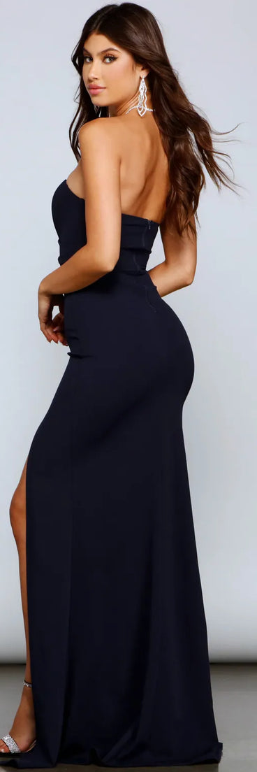 Celebrate in style with the Kaia Strapless High Slit Formal Dress, a navy blue formal wedding guest dress featuring an elegant silhouette and luxe details, perfect for a black-tie celebration.