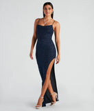 Make a bold statement in the Lola Formal High Slit Glitzy Glitter Dress in navy blue, the perfect spring dress for weddings, cocktail hours, nights out, and/or seasonal celebrations.