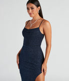 Turn heads at Prom 2025 in this navy blue prom dress, where statement-making details meet the iconic style of the Lola Formal High Slit Glitzy Glitter Dress.