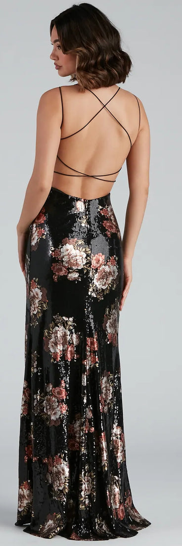 Karissa Sequin Floral High Slit Formal Dress