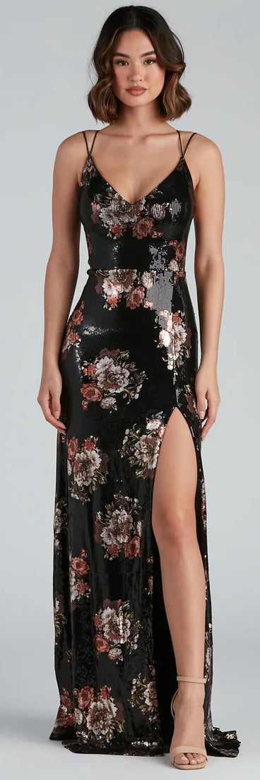 Karissa Sequin Floral High Slit Formal Dress