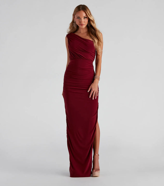 adora formal one-shoulder ruched dress Ruched One-Shoulder Dress Camel / L