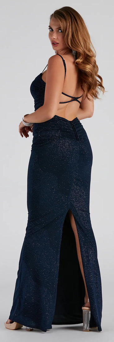 Step into Prom 2025 in a navy blue prom dress, where unique Windsor accents and the standout Tatum Formal Glitter Mermaid Dress style come together.