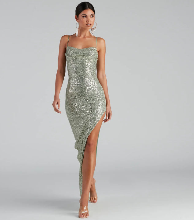 Fatima Sequin Cowl Neck Bodycon Formal Dress