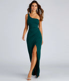 Turn heads at Prom 2025 in this hunter green prom dress, where statement-making details meet the iconic style of the Iris One-Shoulder Crepe Dress .