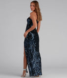 Stand out in a crowd with the Eris Formal Sequin Scroll Dress, a glamorous navy sequin dress that sparkles effortlessly as an NYE party gown, wedding guest dress, or must-have evening wear for formal events like military balls and winter formals.