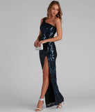 Shine bright in the Eris Formal Sequin Scroll Dress, a glamorous navy sequin dress that captures the light beautifully, ideal for an NYE party dress, wedding guest dress, or military ball gown.