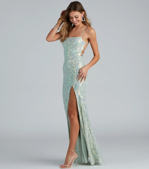 knee length dresses for ladies Makayla Lace-Up Mermaid Sequin Formal Dress main image 1