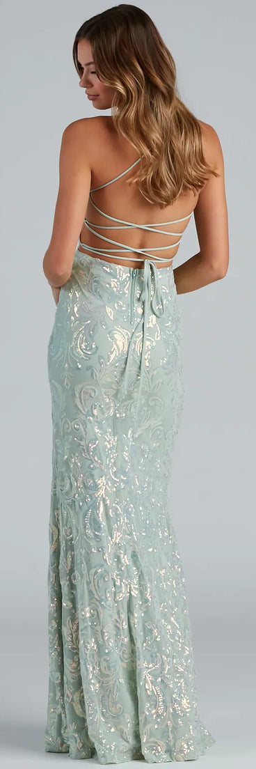 You'll be the best dressed in the Edlyn Sequin Laceup Mermaid Formal Dress as your fall formal dress with beautiful and unique details from Windsor.