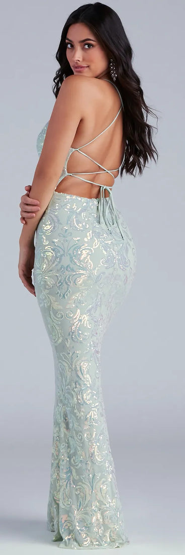 Christal Sequin Strappy Mermaid Formal Dress