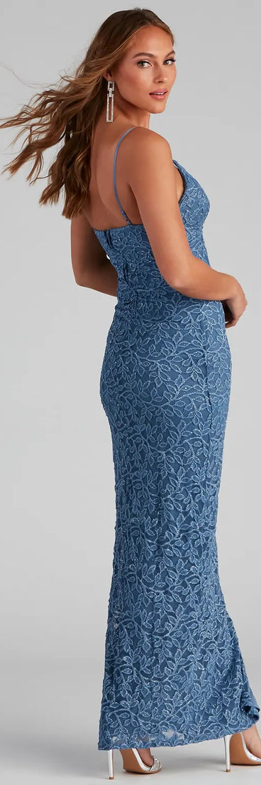 Celebrate in style with the Marylou Lace Mesh Plunge Neck Formal Dress, a denim blue formal wedding guest dress featuring an elegant silhouette and luxe details, perfect for a black-tie celebration.