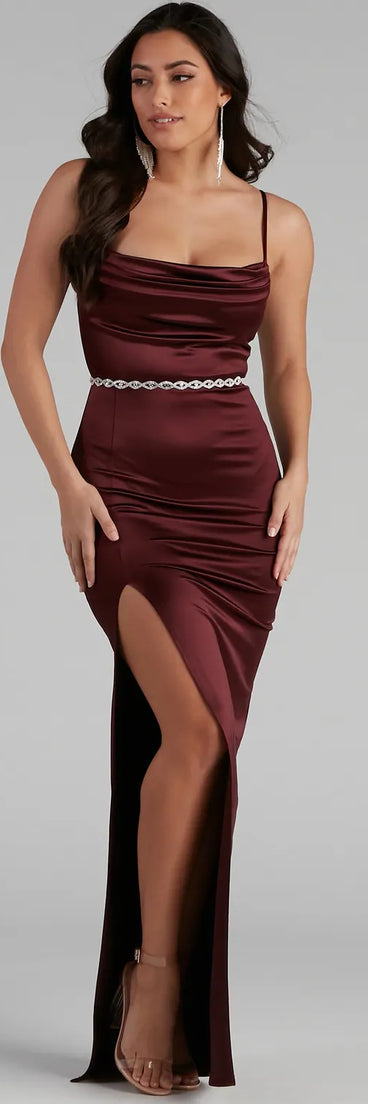 The Lala High Slit Satin Formal Dress is a maroon holiday dress with a festive style, crafted from luxe fabrics and with unique design accents, a perfect pick as your holiday party dress.