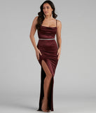 The Lala High Slit Satin Formal Dress is a maroon holiday dress with a festive style, crafted from luxe fabrics and with unique design accents, a perfect pick as your holiday party dress.