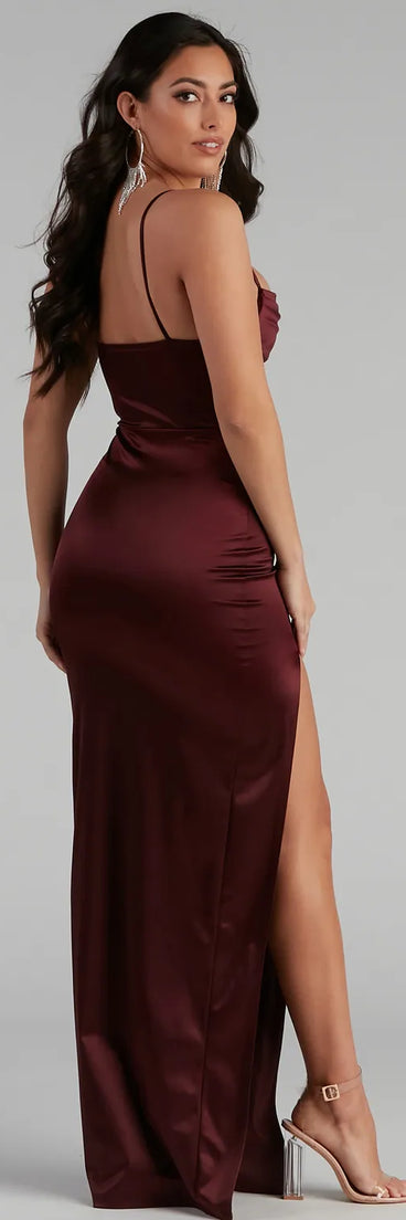 The Lala High Slit Satin Formal Dress in a vibrant hue is the perfect red holiday dress for seasonal celebrations from winter weddings and cocktail parties to holiday and New Year's Eve celebrations!