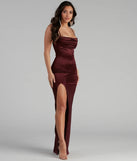 The Lala High Slit Satin Formal Dress is an elegant maroon formal dress in a rich seasonal color and with unique design accents that make dressing up for winter parties, holiday balls, or festive gatherings effortless!