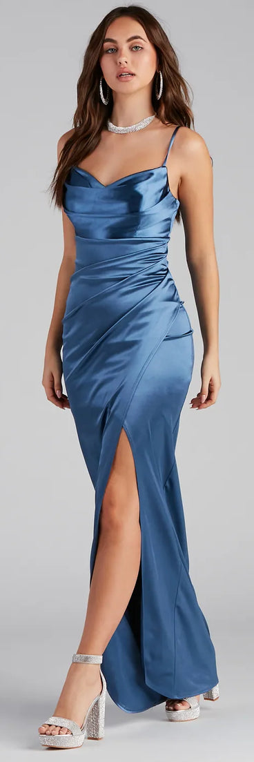 Turn heads at Prom 2025 in this denim prom dress, where statement-making details meet the iconic style of the Annabelle Knit Satin Formal Dress .