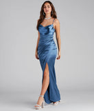 Turn heads at Prom 2025 in this denim prom dress, where statement-making details meet the iconic style of the Annabelle Knit Satin Formal Dress .