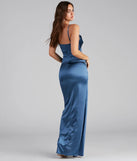 Step into the Prom 2025 dance in the Annabelle Knit Satin Formal Dress in denim, a stunning blue prom dress designed to complement any theme with its timeless allure and statement-making style.