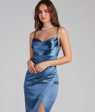 Make a bold statement in the Annabelle Knit Satin Formal Dress in denim blue, the perfect spring dress for weddings, cocktail hours, nights out, and/or seasonal celebrations.