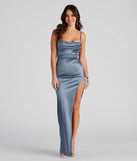 Turn heads at Prom 2025 in this blue prom dress, where statement-making details meet the iconic style of the Lola High Slit Satin Dress 2 .