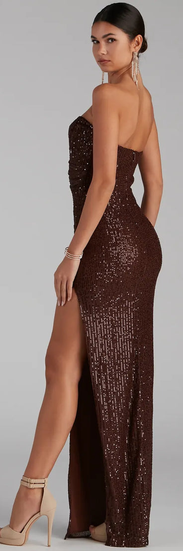 Sorella Sequin Wrap Slit Formal Dress