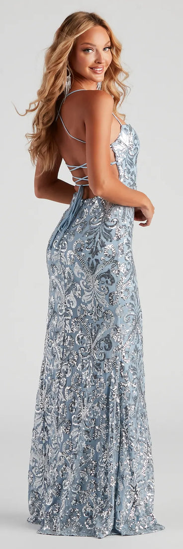 Priya Formal Iridescent Sequin Scroll Dress