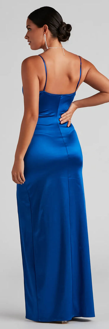 The elegant Jolina Wrap Skirt Satin Dress is a royal blue satin bridesmaid dress crafted with luxe fabric, ideal for modern weddings and traditional bridal parties.