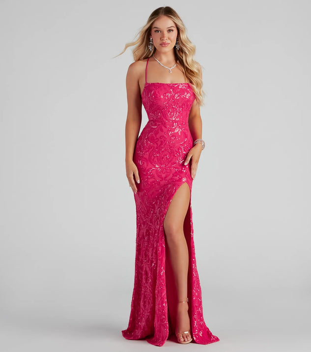 Own every entrance in the Rowena Sequin Mermaid Dress, a fuchsia party dress perfect for milestone birthdays and grad parties, or dancing through summer nights and unforgettable bachelorette celebrations.