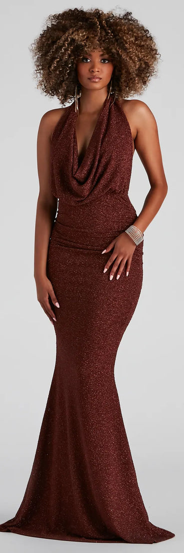 Kesha Formal Glitter Cowl Neck Dress