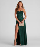 Turn heads at Prom 2025 in this hunter green prom dress, where statement-making details meet the iconic style of the Marissa Formal Satin Cowl Neck Dress .
