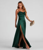 Turn heads at Prom 2025 in this hunter green prom dress, where statement-making details meet the iconic style of the Marissa Formal Satin Cowl Neck Dress.