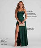 Celebrate in style with the Marissa Formal Satin Cowl Neck Dress, a hunter green formal wedding guest dress featuring an elegant silhouette and luxe details, perfect for a black-tie celebration.