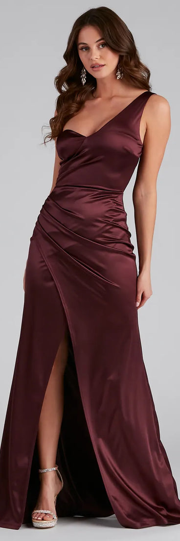 Darlene Formal Satin Wrap Slit Long Dress